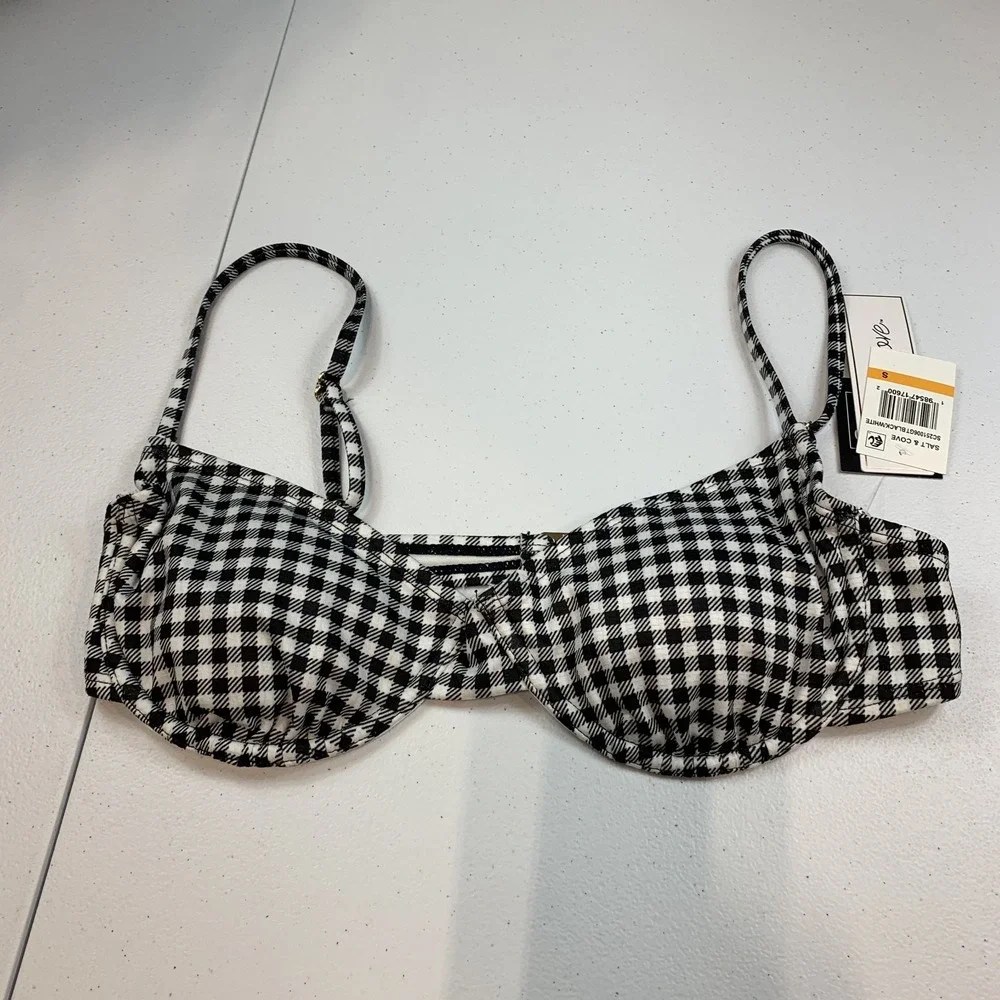 Salt & Cove Junior's Swim Bikini Top S Black White Gingham Plaid Underwire